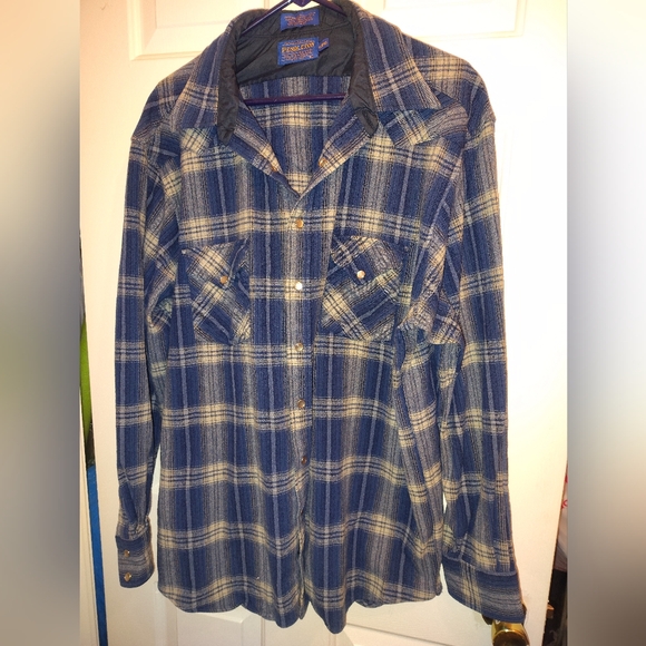 Pendleton Blue and Cream Plaid Flannel Wool Shirt - Picture 1 of 8